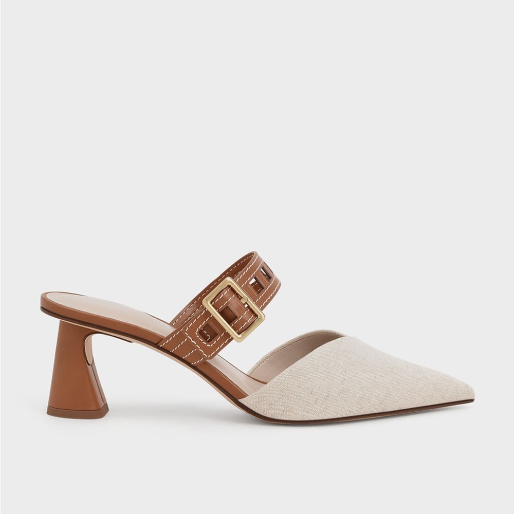 Charles & Keith Beige Pointed-Toe Slingback Heels with Brown Strap - Picture 5 of 10
